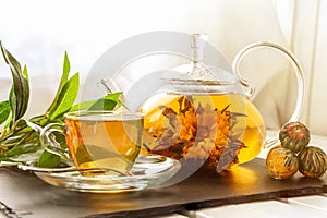 Exotic green tea with flowers in glass teapot