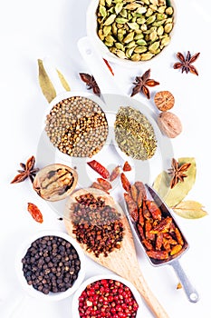 Exotic herbal Food concept Mix of the organic Spices cardamom po