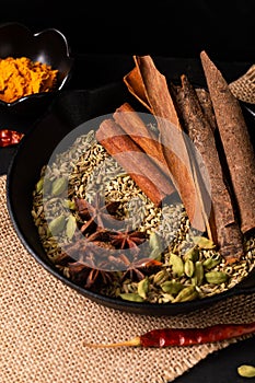 Exotic herbal Food concept Mix of the organic Spices cinnamon stick, cardamom pods, cloves, star anise and fennel seeds in slilet