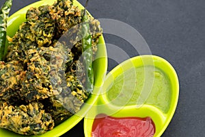 Exotic Indian Chaat Snacks Palak Pakoda Bhajji Chat Or Paalak Pakora Bajji Bhajiya Rich In Fiber Vitamin Mineral And Protein Is