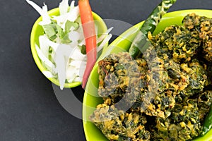 Exotic Indian Chaat Snacks Palak Pakoda Bhajji Chat Or Paalak Pakora Bajji Bhajiya Rich In Fiber Vitamin Mineral And Protein Is