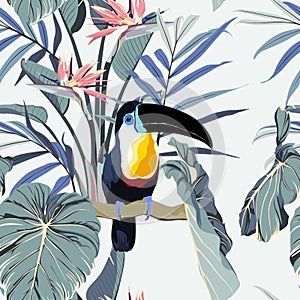 Exotic jungle plants illustration pattern with toucan bird and strelitzia flowers. Creative  floral seamless pattern.