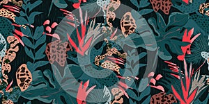 Exotic jungle plants seamless pattern prints abstract flowers vector graphics for fashion textiles