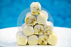 Exotic Kaju Pista Roll Or Cashew Pistachio Rolls Mithai Is Made Of Grated Cashews Mixed With Crumbled Khoya Mawa Kesar Mava