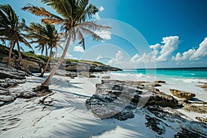 Exotic landscape with white sand and palm trees on sea coastline