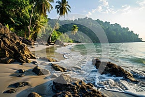 Exotic landscape with white sand and palm trees on sea coastline