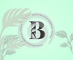 Exotic Letter B Logo with Monstera Plant Leaf Texture Design Logo Icon. Creative Tropical Monstera Plant Alphabetical Nature Logo