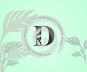 Exotic Letter D Logo with Monstera Plant Leaf Texture Design Logo Icon. Creative Tropical Monstera Plant Alphabetical Nature Logo
