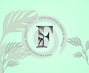 Exotic Letter F Logo with Monstera Plant Leaf Texture Design Logo Icon. Creative Tropical Monstera Plant Alphabetical Nature Logo