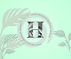 Exotic Letter H Logo with Monstera Plant Leaf Texture Design Logo Icon. Creative Tropical Monstera Plant Alphabetical Nature Logo