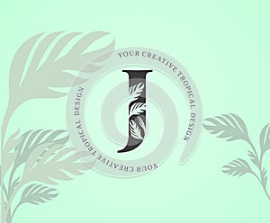 Exotic Letter J Logo with Monstera Plant Leaf Texture Design Logo Icon. Creative Tropical Monstera Plant Alphabetical Nature Logo