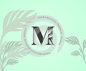 Exotic Letter M Logo with Monstera Plant Leaf Texture Design Logo Icon. Creative Tropical Monstera Plant Alphabetical Nature Logo