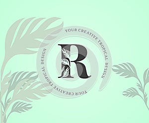 Exotic Letter R Logo with Monstera Plant Leaf Texture Design Logo Icon. Creative Tropical Monstera Plant Alphabetical Nature Logo