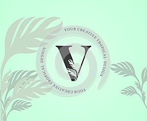 Exotic Letter V Logo with Monstera Plant Leaf Texture Design Logo Icon. Creative Tropical Monstera Plant Alphabetical Nature Logo