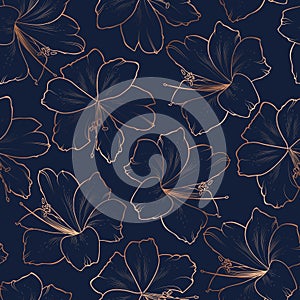 Exotic lily flowers bloom blossom seamless pattern texture. Copper gold shiny glow outline. Navy dark blue background.
