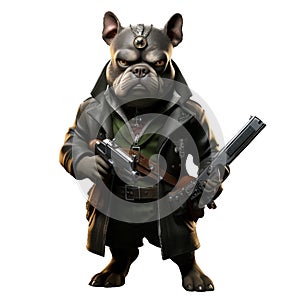 exotic-looking American Bully dog in a Bandit costume stands in an aggressive pose