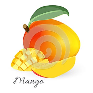 Exotic mango tropical fruit with green leaf sliced and whole