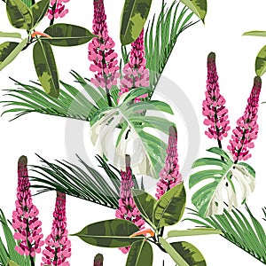 Exotic monstera, ficus and palms leaves. Pink lupines flower branch seamless pattern.