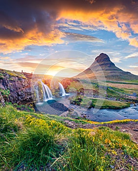 Exotic morning view of popular tourast destination - Kirkjufellsfoss Waterfall