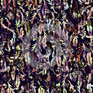 Exotic multicoloured boho floral camouflage scatter print. Seamless autumnal dark ground detailed repeat pattern.