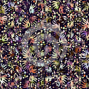 Exotic multicoloured boho floral camouflage scatter print. Seamless autumnal dark ground detailed repeat pattern.