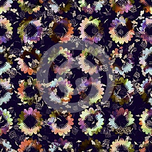 Exotic multicoloured boho floral camouflage scatter print. Seamless autumnal dark ground detailed repeat pattern.