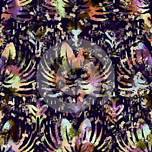 Exotic multicoloured boho floral camouflage scatter print. Seamless autumnal dark ground detailed repeat pattern.