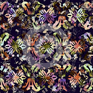 Exotic multicoloured boho floral camouflage scatter print. Seamless autumnal dark ground detailed repeat pattern.