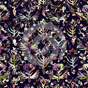 Exotic multicoloured boho floral camouflage scatter print. Seamless autumnal dark ground detailed repeat pattern.