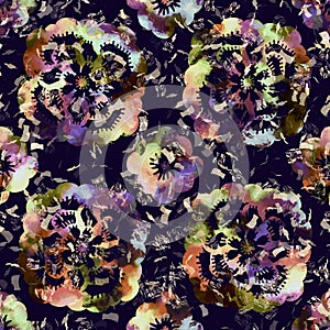 Exotic multicoloured boho floral camouflage scatter print. Seamless autumnal dark ground detailed repeat pattern.