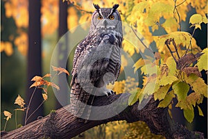 Exotic owl sitting in a leafy tree in the woods