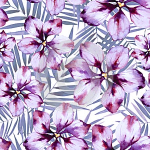 Exotic palm leaves and purple fantasy flowers on white background. Seamless tropical floral pattern. Hand drawn watercolor