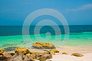 Exotic Paradise. Tropical Resort. Caribbean sea Jetty near Cancun. Mexico beach tropical in Caribbean