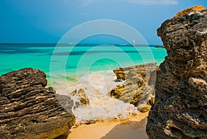 Exotic Paradise. Tropical Resort. Caribbean sea Jetty near Cancun. Mexico beach tropical in Caribbean