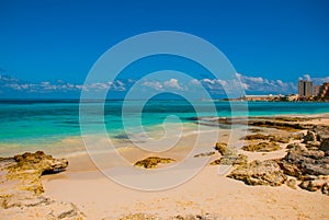 Exotic Paradise. Tropical Resort. Caribbean sea Jetty near Cancun. Mexico beach tropical in Caribbean