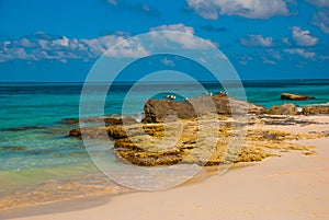 Exotic Paradise. Tropical Resort. Caribbean sea Jetty near Cancun. Mexico beach tropical in Caribbean