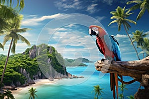 Exotic Parrot macaw tropical island closeup head. Generate Ai