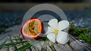 Exotic passion fruits with flower