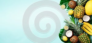 Exotic pineapples, ripe coconuts, banana, melon, lemon, tropical palm and green monstera leaves on blue background with