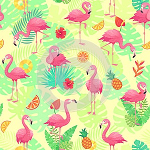 Exotic pink flamingos, tropical plants and jungle flowers monstera and palm leaves. Tropic flamingo cartoon seamless