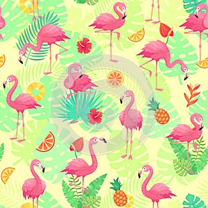 Exotic pink flamingos, tropical plants and jungle flowers monstera and palm leaves. Tropic flamingo cartoon seamless vector