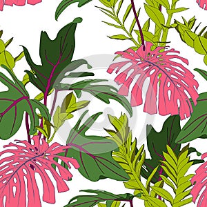 Exotic pink monstera and green tropical leaves, white background. Floral seamless pattern.
