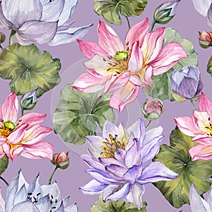 Exotic pink and purple lotus flowers with leaves on lilac background. Beautiful floral seamless pattern. Hand drawn illustration.
