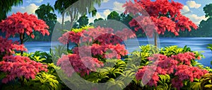 Exotic plants on a tropical island by the river on a summer day. Generative AI, Generative, AI