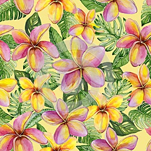 Exotic plumeria flowers and green monstera leaves on yellow background. Seamless tropical pattern in vivid colors.