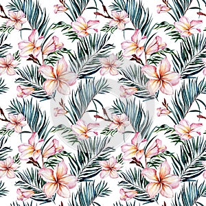 Exotic plumeria flowers and green palm leaves in seamless tropical pattern. Light green background. Watercolor painting.