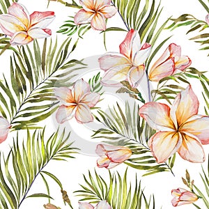 Exotic plumeria flowers and green palm leaves in seamless tropical pattern. White background, pastel shades.