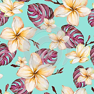 Exotic plumeria flowers and purple monstera leaves in seamless tropical pattern. Bright blue background, vivid colors.