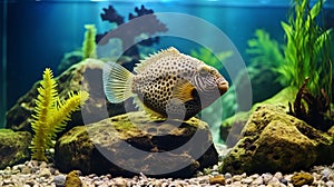 Exotic Puffer Fish Tank With Underwater Plants - Unique And Vibrant Aquatic Decor