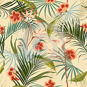 Exotic Retro vintage tropical wild forest with palm trees ,flowers,leaves,foliage seamless pattern in vector suits for